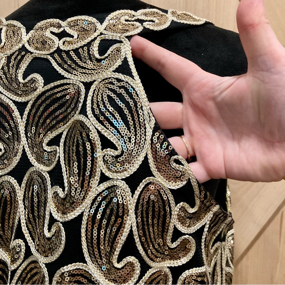 Black and Gold Sleeveless Sheath Dress Fringe Paisley Sequins - Picture 11 of 15